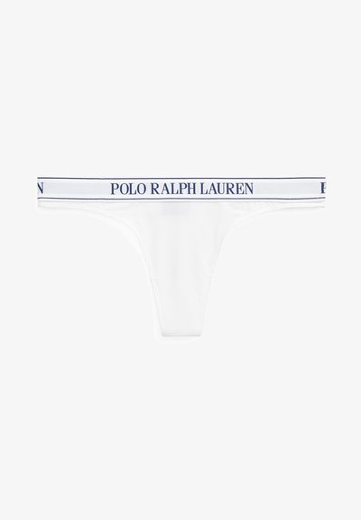 Balta kokvilnas stringi ar elastīgu jostu, kurā ir norakstīts "POLO RALPH LAUREN" tumši zilos burtiem, gluda tekstūra, elegants dizains.