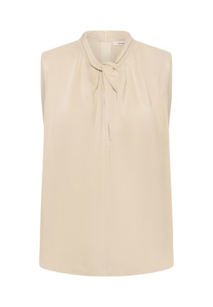 Blusa beige senza maniche realizzata in tessuto liscio, con scollo attorcigliato e cerniera posteriore nascosta. Design pulito e minimalista.