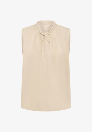 Blusa beige senza maniche realizzata in tessuto liscio, con scollo attorcigliato e cerniera posteriore nascosta. Design pulito e minimalista.