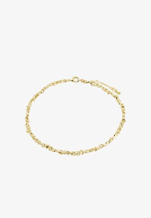 Delicate gold chain necklace with textured, irregular links and a lobster clasp closure with an adjustable extension chain.