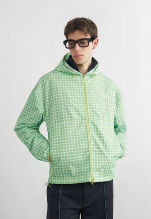 Fiatal férfi zöld-kék kockás kapucnis dzsekiben, kezét a zsebében tartva, fekete keretes szemüvegben, lefelé nézve.