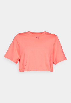 Cropped short-sleeve t-shirt in vibrant coral, smooth texture with a crew neck and small logo in matching color on the chest.
