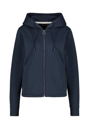 Navy blue zip-up hoodie with a drawstring hood, ribbed cuffs, and front pockets, made from a soft, textured fabric.