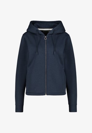 Felpa con zip di colore blu navy, dotata di cappuccio regolabile con cordino, polsini a coste e tasche frontali, realizzata in un tessuto morbido e testurizzato.