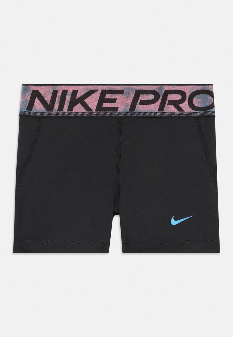 Bermudas deportivas negras con una cinturilla en degradado rosa y púrpura que lleva el texto "NIKE PRO" y un logotipo de Nike azul en la parte frontal izquierda.
