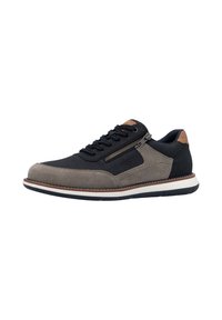 Men’s shoe featuring a combination of black synthetic material and gray suede, with a textured black sole, laces, and a side zipper.