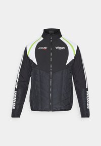 Black padded jacket with a high collar, featuring white and lime green accents, a front zipper, and VENUM branding on sleeves and chest.