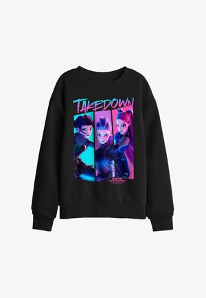 Black sweatshirt with colorful graphic of three animated K-pop demon hunter characters under "TAKEDOWN" text in blue and pink gradient.