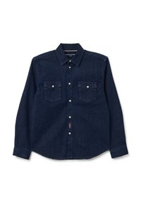 Donkerblauwe denimoverhemd met een puntkraag, lange mouwen, twee borstzakken en een knoopsluiting aan de voorkant. Voorzien van zilveren knopen en een rood etiket.