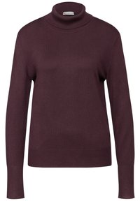 Pull à col roulé bordeaux tricoté, avec des manches longues, des poignets ajustés et une texture douce. L'étiquette indique "Street One".