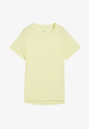 Světlé žluté atletické tričko s krátkým rukávem, kulatým výstřihem a bílým logem Puma na hrudi. Hladká, syntetická textura látky.