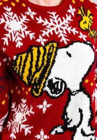 Maglione rosso con fiocchi di neve bianchi che ritrae Snoopy con un cappello giallo e Woodstock dei Peanuts.