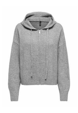 Siva kratka dukserica s kapuljačom izrađena od mekanog materijala, s patentnim zatvaračem, kapuljačom s vezicama i rebrastim manšetama i donjim rubom za udobno pristajanje.