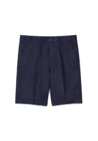 Navy modré lněné šortky s knoflíkovým zapínáním, dvěma bočními kapsami, rovný střih a hladkou texturou.