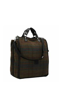 Bruine tweed tas met zwarte leren accenten, gestructureerde vorm, twee korte handvatten en één verstelbare schouderriem. Heeft een geruit patroon.