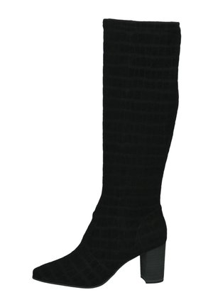 Black knee-high boot with block heel and textured crocodile pattern on the upper material.