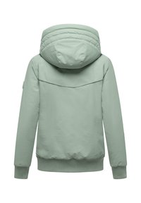 Light green hooded jacket with a stitched collar, ribbed cuffs, and hem, featuring a smooth fabric and no visible embellishments.