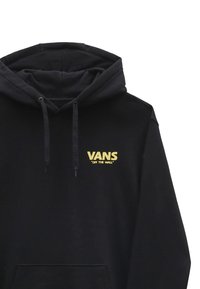 Felpa nera con cappuccio realizzata in misto cotone, dotata di tasca a marsupio, cordini regolabili e logo dorato "VANS OFF THE WALL" sul petto.