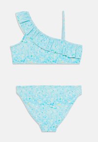 Egyszálas bikinis szett világoskék színben, fodros pánttal. Geometrikus mintával rendelkezik, különböző árnyalatú kékekkel és pasztell akcentusokkal.