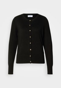 Cardigan nero realizzato in tessuto lavorato a maglia, con scollatura rotonda, vita aderente, maniche lunghe e bottoni color oro lungo la parte anteriore.