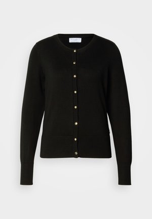 Cardigan preto feito de tecido de malha, com decote redondo, cintura ajustada, mangas longas e botões em tom dourado ao longo da frente.