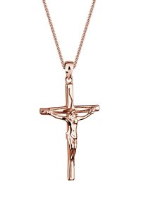 Rosen-guld crucifix vedhæng på en fin kæde, med detaljeret figur, glat tekstur og poleret finish. Vedhænget hænger fra en simpel bail.