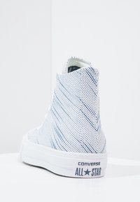 Vysoké tenisky s texturovaným bílým plátnem a modrými diagonálními pruhy. Bílá gumová podrážka nese branding "CONVERSE ALL STAR".