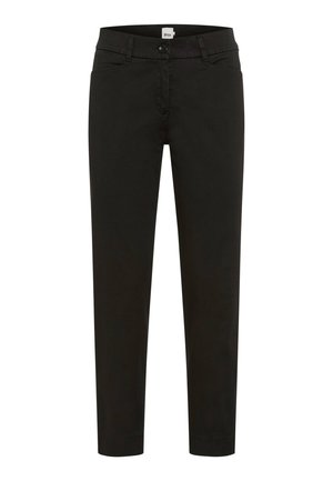 Zwarte slim-fit broek met voorste knoop, ritssluiting, riemlussen en zijzakken, weergegeven op een witte achtergrond.