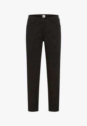 Pantaloni neri slim fit con bottone frontale, chiusura con cerniera, passanti per cintura e tasche laterali, mostrati su sfondo bianco.