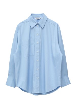 Light blue long-sleeve button-up shirt with pointed collar and left chest pocket, displayed flat against a white background.