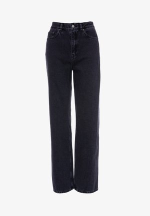 High-waisted black denim jeans with a straight-leg design. Features five-pocket styling and a button closure at the waist.