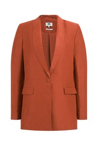 Blazer v rezavé barvě s hladkým povrchem, šálovým límcem, zapínáním na jeden knoflík a dvěma předními kapsami. Přiléhavý střih, minimalistický design.