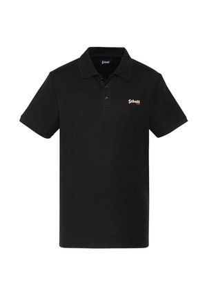 Sorte polo t-shirt lavet af bomuld med krave, frontknapper og et lille broderet logo i rød og gul på venstre bryst.