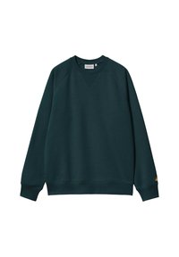 Dunkelgrüner Hoodie aus strukturiertem Stoff, mit Raglanärmeln, gerippten Bündchen und Saum sowie einem gewebten Etikett am vorderen Halsausschnitt.