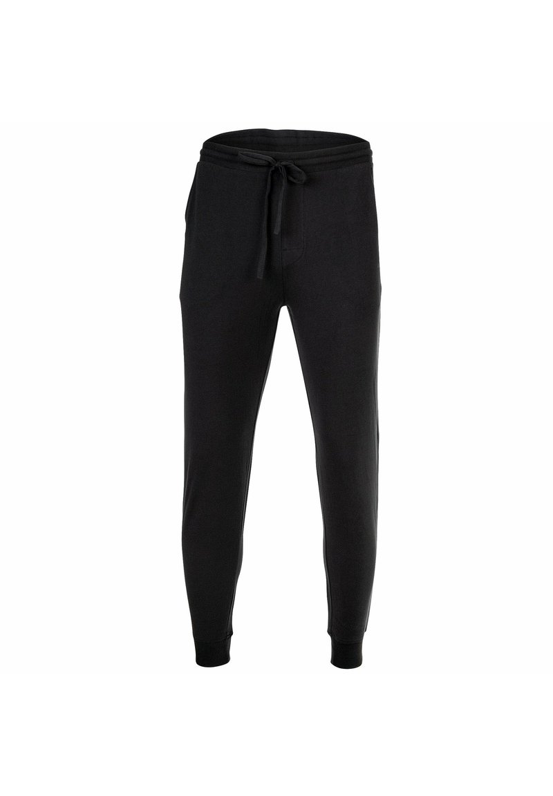 Černé jogger kalhoty se zúženými nohavicemi, elastickým pasem, stahovací šňůrkou a bočními kapsami. Vyrobeno z měkké bavlněné tkaniny.