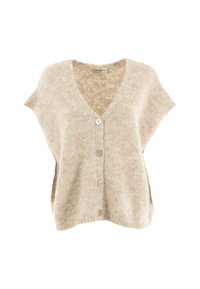 Cardigan beige de manga corta hecho de material suave, con cuello en V y cinco botones en la parte delantera. Diseño simple y texturizado.