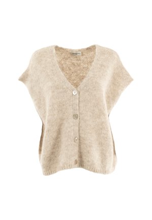 Cardigan beige de manga corta hecho de material suave, con cuello en V y cinco botones en la parte delantera. Diseño simple y texturizado.