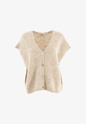 Cardigan beige a maniche corte realizzato in materiale morbido, con scollo a V e cinque bottoni sul davanti. Design semplice e testurizzato.