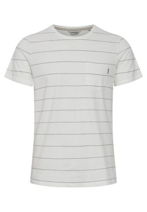 T-shirt blanc à manches courtes avec des rayures horizontales marines. Doté d'une petite poche poitrine et d'un col rond. Fabriqué en un mélange de coton doux.