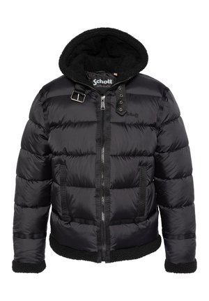 Zwarte pufferjack met een ritssluiting aan de voorkant, dikke gestikte delen, een fleece-voering in de capuchon en twee zijzakken. Voorzien van een decoratieve gespdetail.