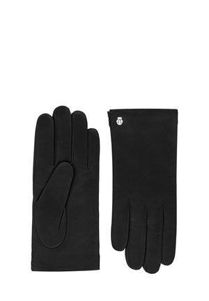 Pair of black leather gloves with stitched detailing, one showing the palm and the other the back with a small silver emblem near the wrist.