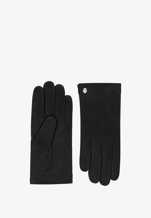 Pair of black leather gloves with stitched detailing, one showing the palm and the other the back with a small silver emblem near the wrist.
