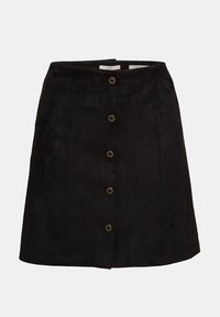 Zwarte suède rok met een rechte silhouet, voorzien van een knopenfront en ronde metalen knopen, een gladde textuur en een lengte tot halverwege de bovenbenen.