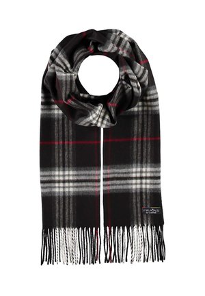 Écharpe à carreaux noirs et gris avec des accents rouges, en matériau doux, avec des extrémités frangées. Sa forme ronde permet un style polyvalent.