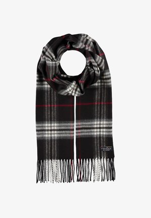 Écharpe à carreaux noirs et gris avec des accents rouges, en matériau doux, avec des extrémités frangées. Sa forme ronde permet un style polyvalent.