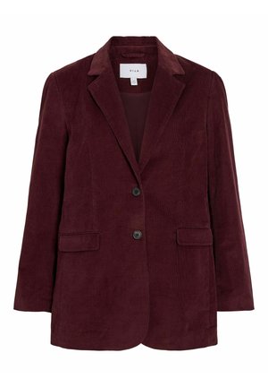 Blazer en velours côtelé bordeaux avec un col cranté, deux poches avant et deux boutons. Présente un tissu texturé et une coupe décontractée.