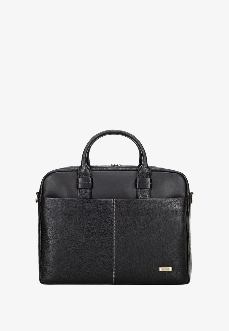 Schwarze Lederaktentasche mit strukturierter Oberfläche, doppelten Obergriffen und Reißverschluss. Verfügt über eine Fronttasche mit weißen Stichdetails.