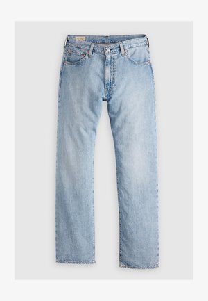 Light blue denim jeans with a straight cut, five-pocket design, subtle whiskering, and contrast stitching. Button and zipper closure.
