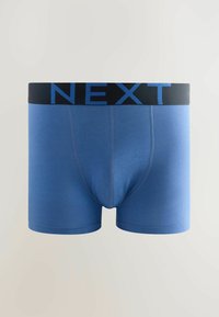 Boxeri albaștri din material moale, cu un elastice negru pe care este inscripționat numele mărcii "NEXT" în albastru. Design ajustat cu o textură netedă.