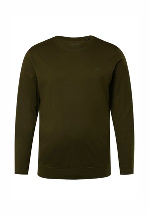 Olivenfarbener langärmliger Sweatshirt aus Baumwollmischung mit Rundhalsausschnitt, gerippten Bündchen und einem dezenten Logo auf der Brust. Glatte Textur.